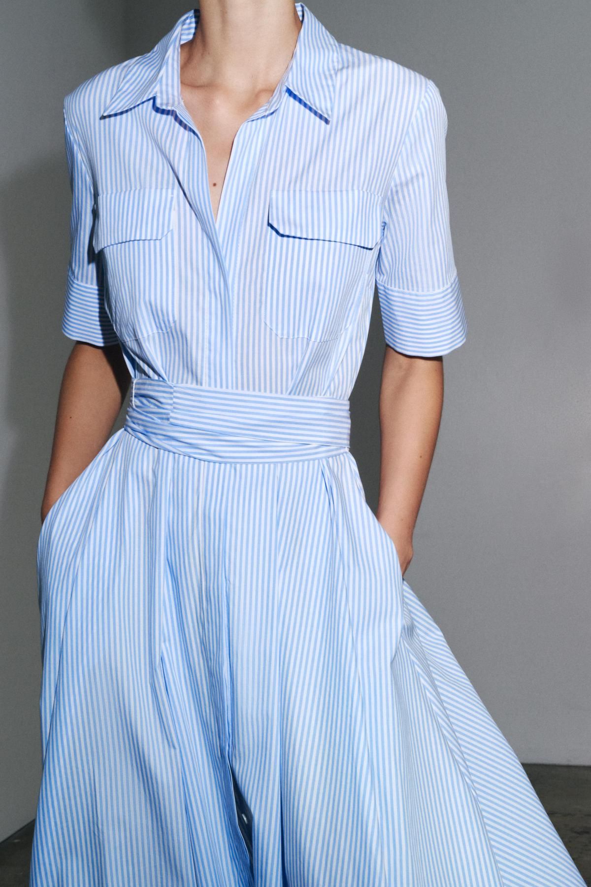 자라 코튼 포플린 벨티드 셔츠 롱 원피스 2640/596 STRIPED - 상세 이미지 5