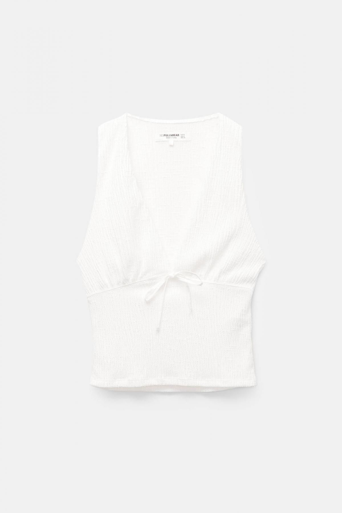 풀앤베어 러스틱 크레이프 브이넥 리본 민소매 탑 7150/343 WHITE - 메인 이미지