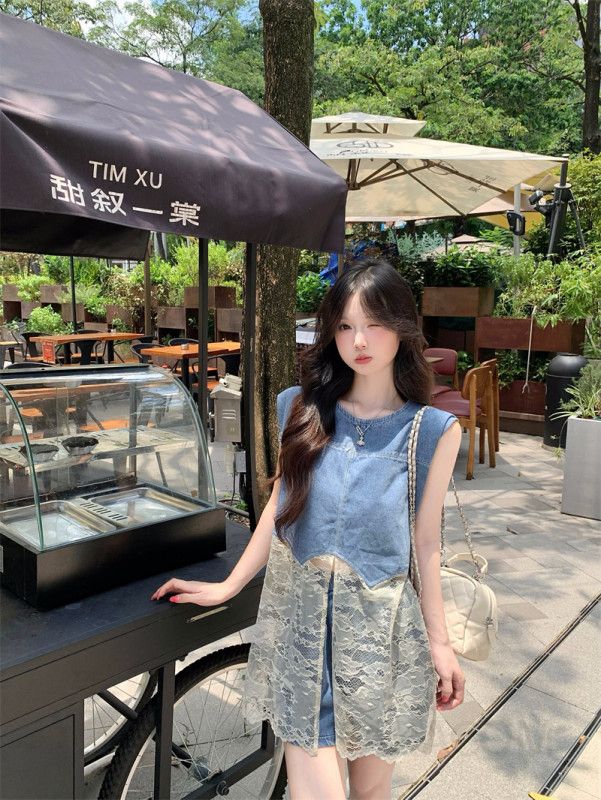 여성 빈티지 데님 민소매 나시 레이스 시스루 숏팬츠 투피스 세트 데일리룩 데이트룩 바캉스룩 봄 여름 - 상세 이미지 4