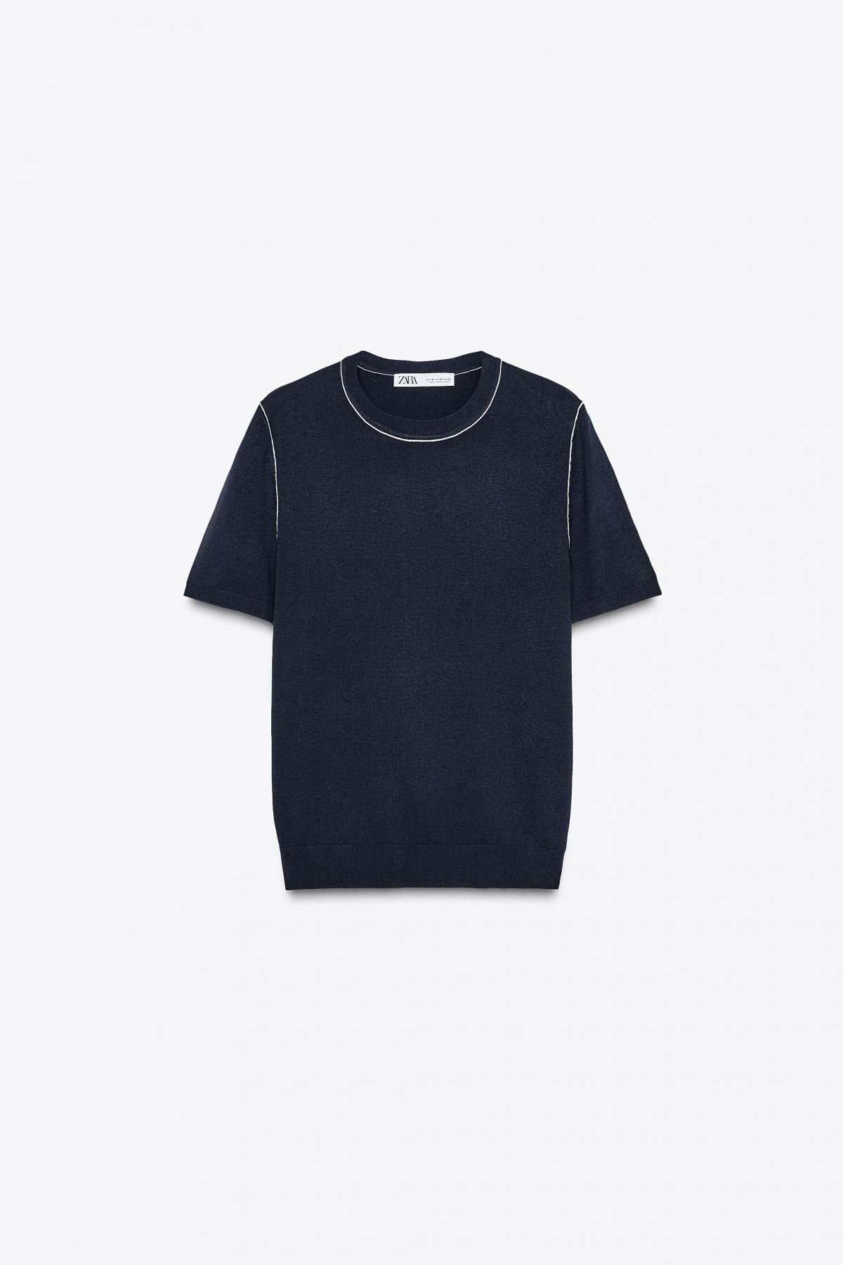 자라 미니멀 라운드넥 파이핑 반팔 니트탑 3390/008 NAVY / WHITE - 상품 이미지