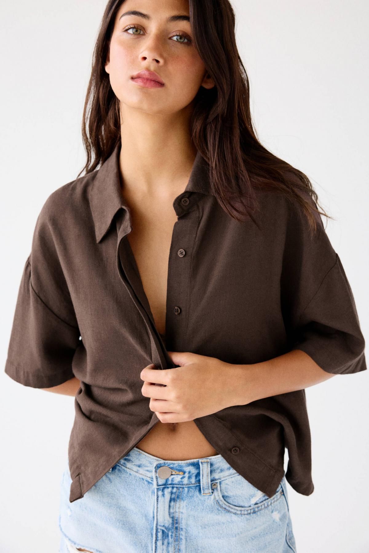 풀앤베어 내추럴 린넨 블렌드 반팔 셔츠 7472/336 BROWN - 상세 이미지 2
