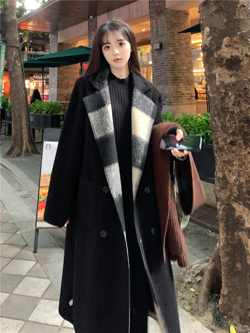 여성 빅사이즈 체크 격자 무늬 루즈핏 양모 롱코트 가을 겨울용 양면 아우터 블랙 앤 화이트 체크 M - 상세 이미지 2