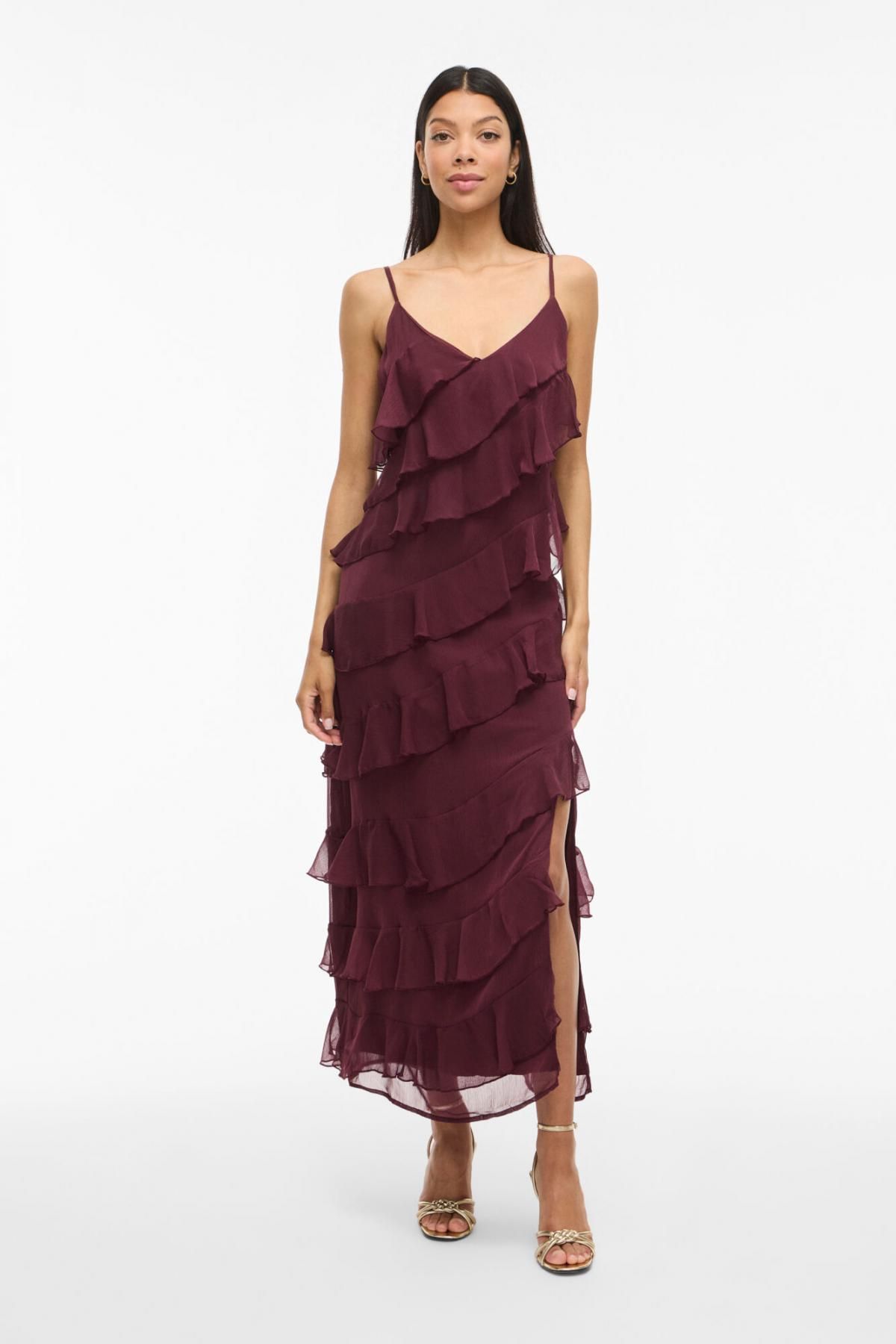 빌라 버건디 스트랩 러플 미디 원피스 6442228 MORADO - 상세 이미지 2