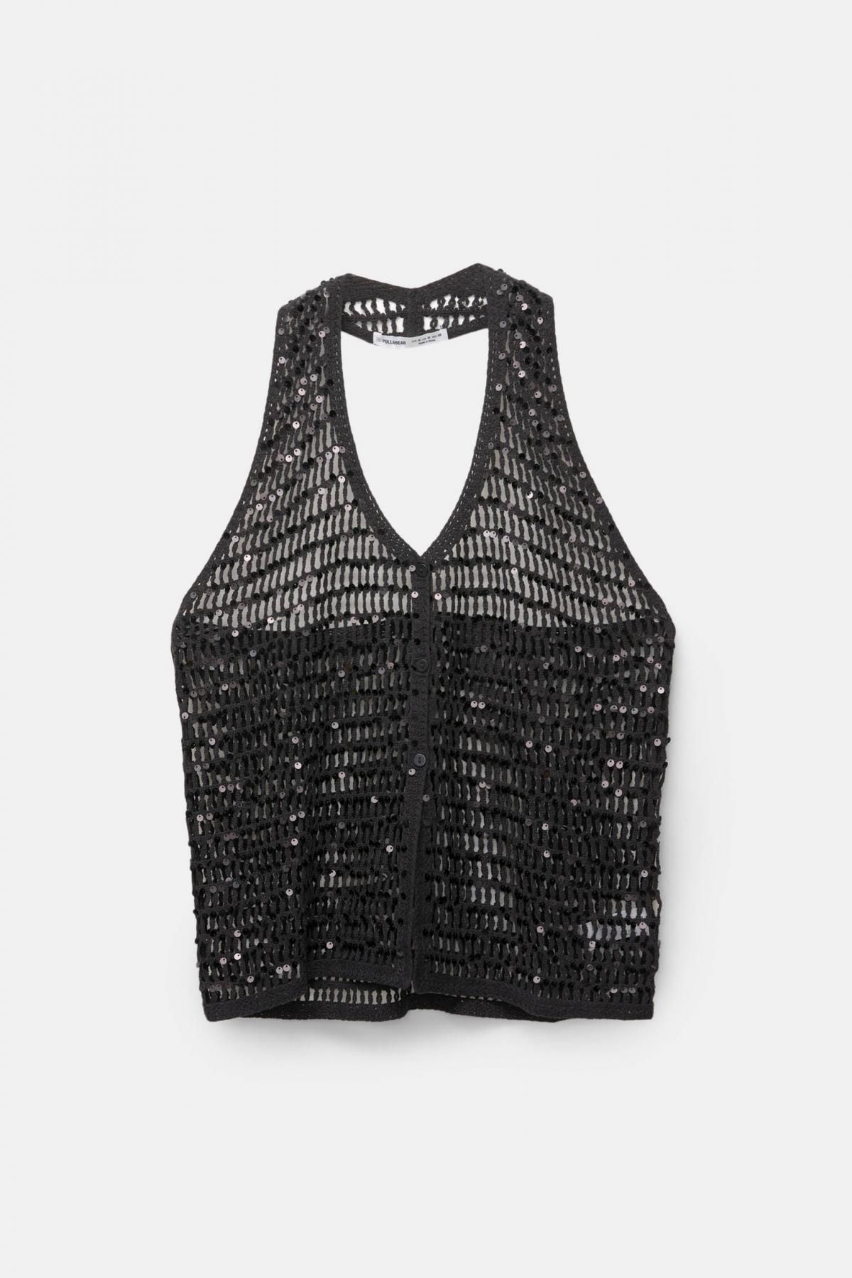 풀앤베어 시퀸 크로셰 홀터넥 탑 7550/314 BLACK - 상품 이미지