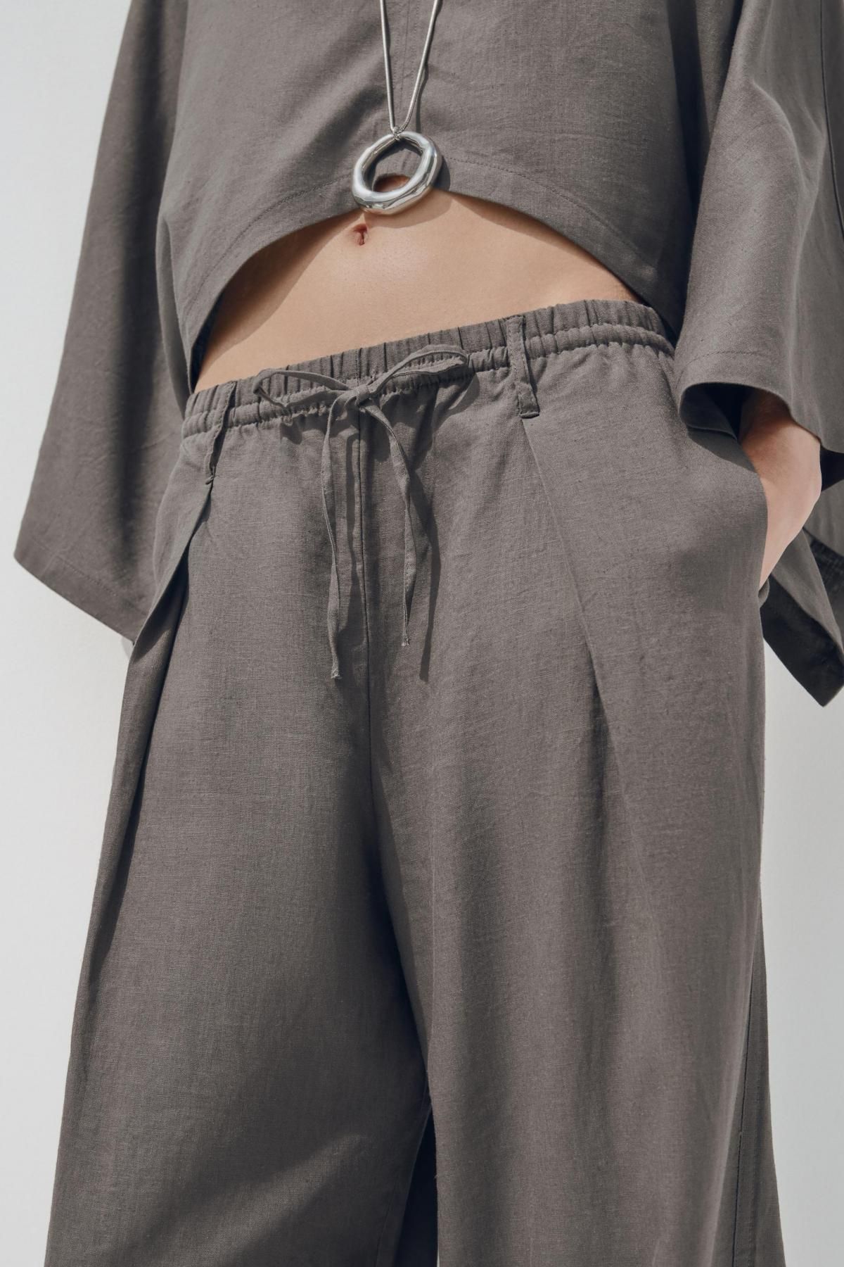 자라 린넨블렌드 와이드 밴딩 슬랙스 팬츠 1255/507 DARK GREY - 상세 이미지 3