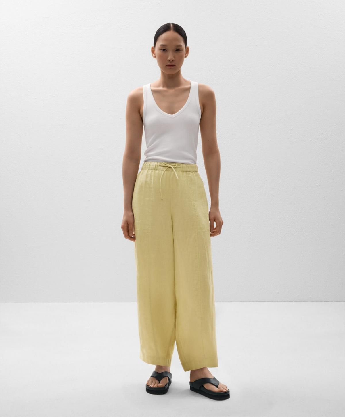 오이쇼 라이트옐로우 100 린넨 배럴 와이드 팬츠 3339/047 WASHEDLIME - 상세 이미지 2