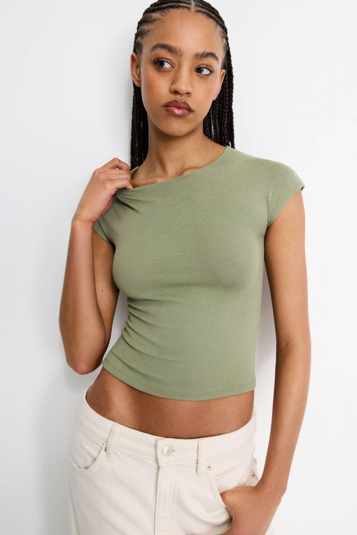 풀앤베어 슬림핏 라운드넥 스트레치 반팔 티셔츠 3245/387 PALE KHAKI - 상세 이미지 5