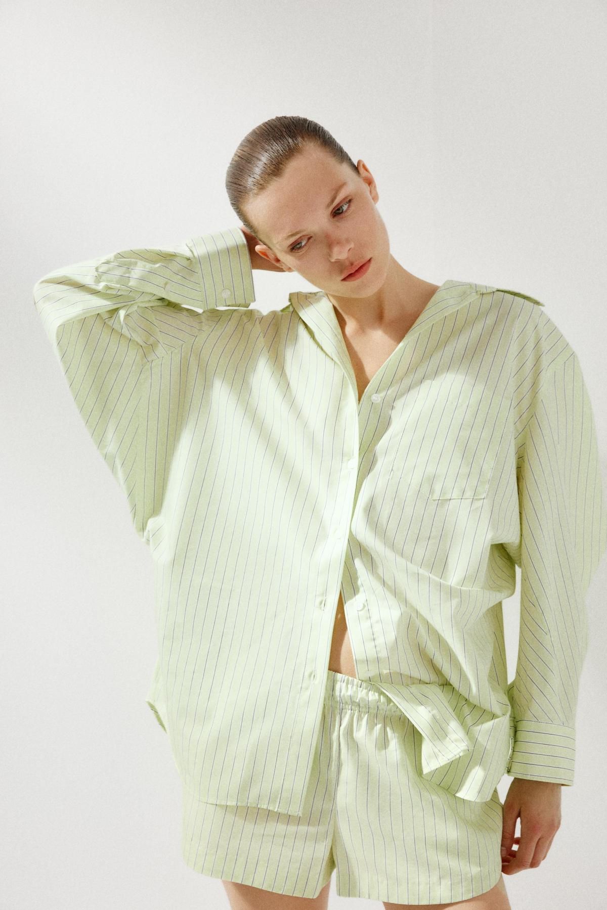 자라 오버사이즈 스트라이프 포플린 셔츠 3067/017 LIGHT LIME GREEN - 상세 이미지 3