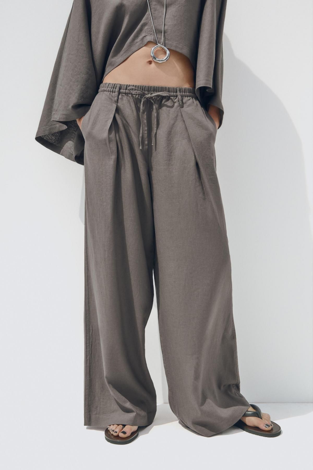 자라 린넨블렌드 와이드 밴딩 슬랙스 팬츠 1255/507 DARK GREY - 메인 이미지