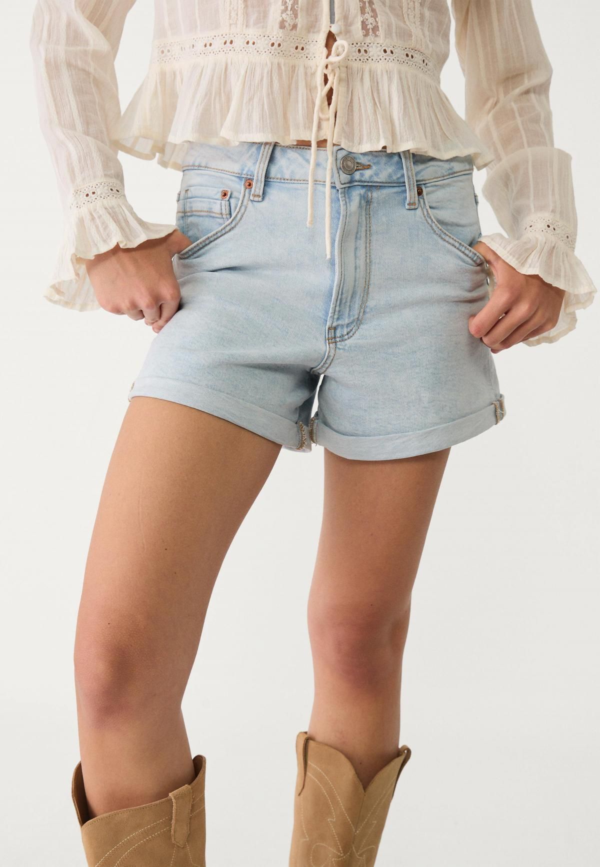 스트라디바리우스 하이웨이스트 데님 슬림 맘핏 반바지 1365/425 LIGHT BLEACH - 상세 이미지 2