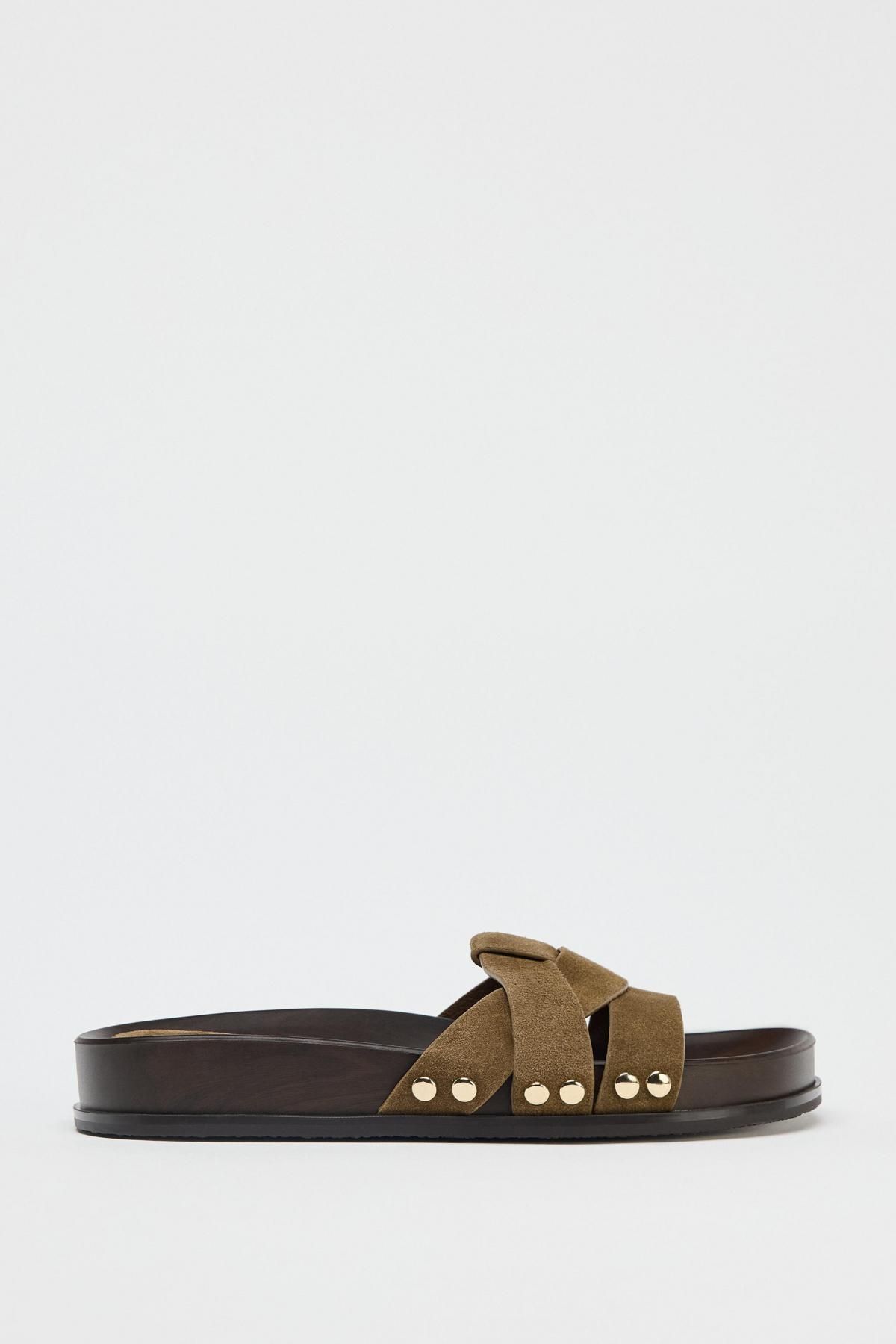 자라 레더 크로스 스트랩 메탈 디테일 슬라이드 샌들 2630/510 KHAKI GREEN - 메인 이미지
