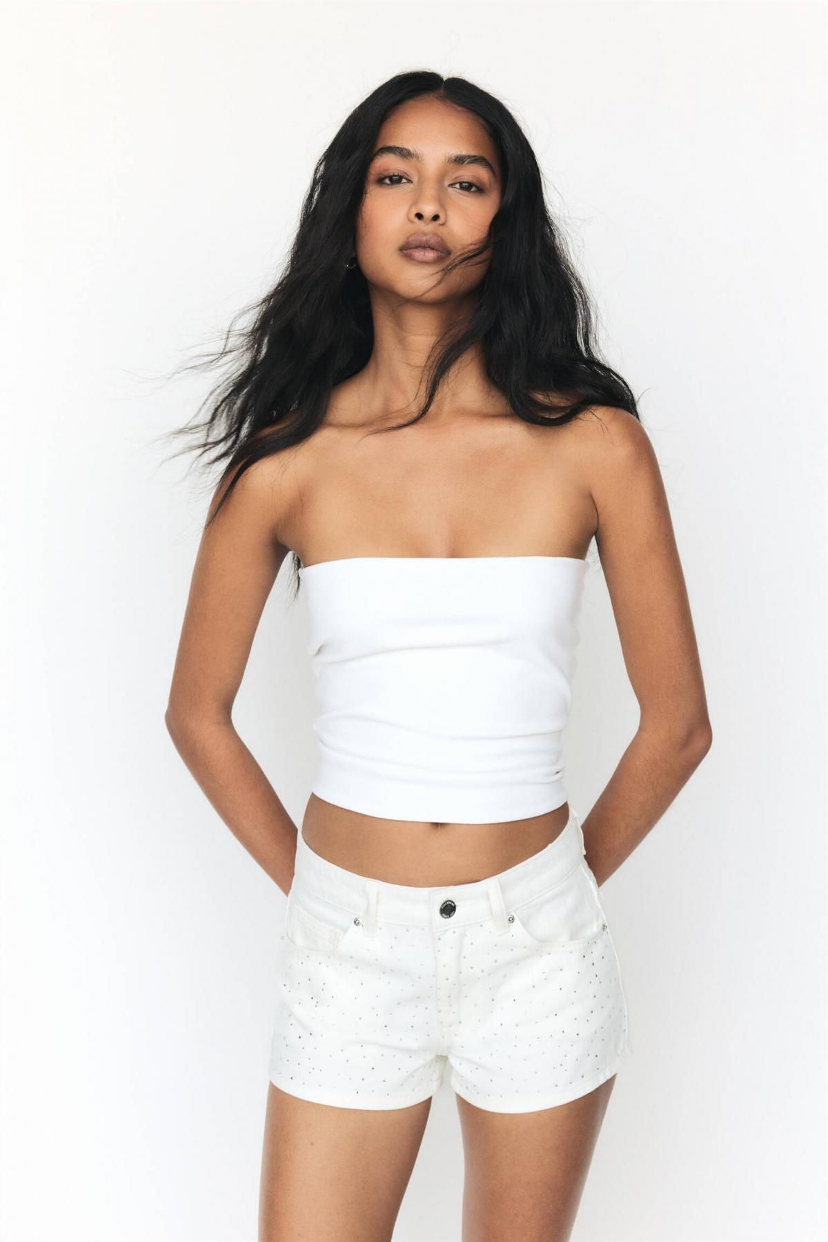 풀앤베어 미드라이즈 데님 크리스탈 포인트 반바지 7687/312 WHITE - 상품 이미지