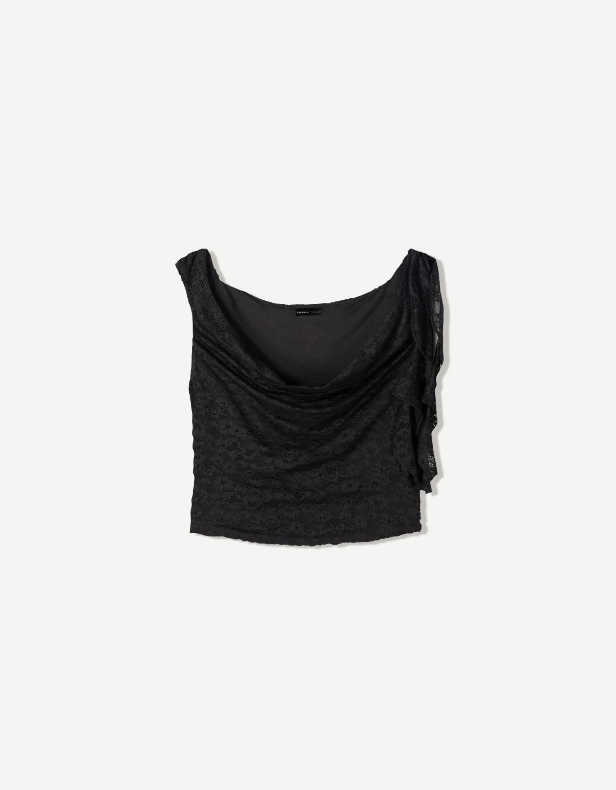 버쉬카 시스루 레이스 드레이프 슬리브리스 블랙 크롭탑 3761/187 BLACK - 상품 이미지