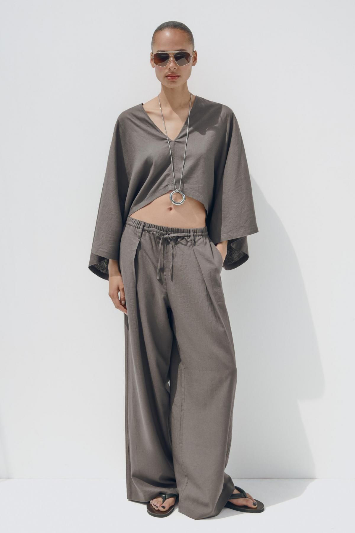자라 린넨블렌드 와이드 밴딩 슬랙스 팬츠 1255/507 DARK GREY - 상세 이미지 2