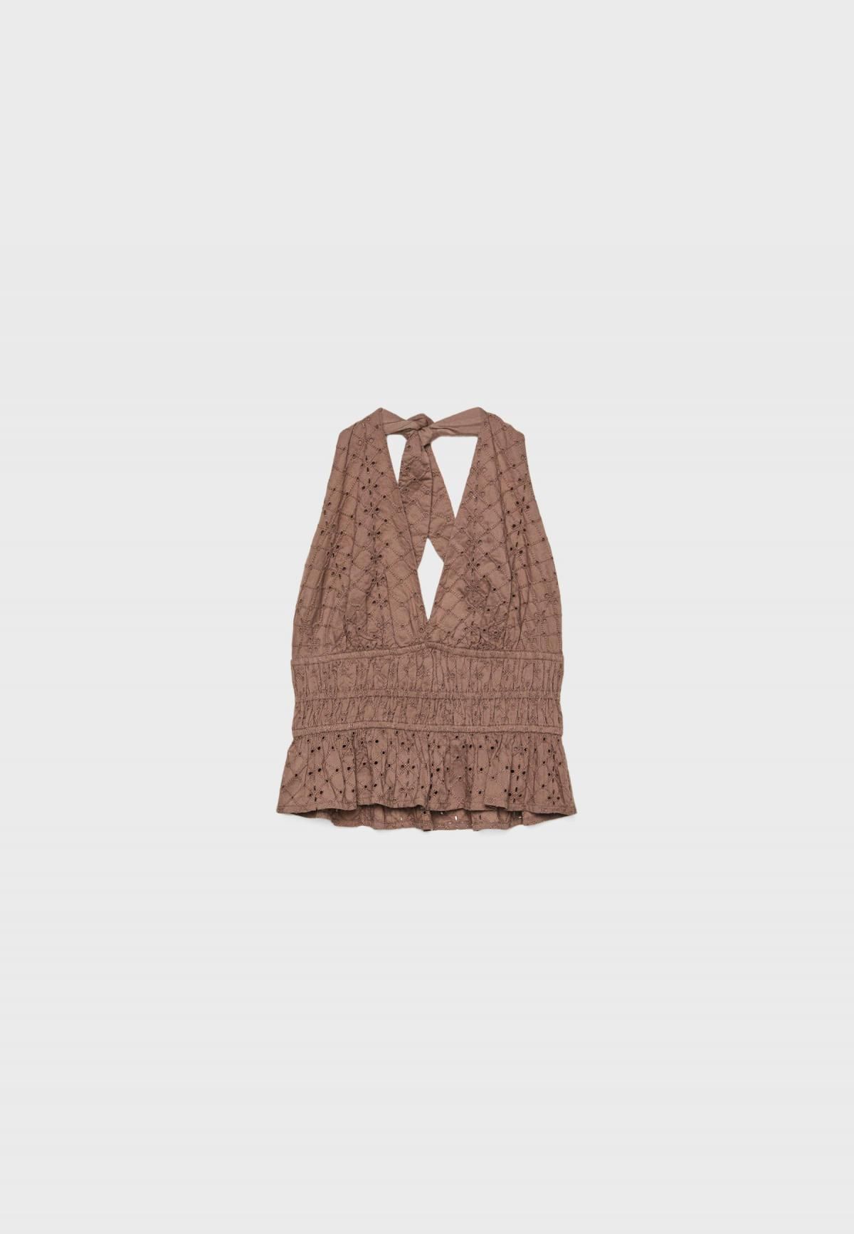 스트라디바리우스 러블리 컷워크 자수 홀터넥 브이넥 민소매 블라우스 2080/579 BROWN - 메인 이미지