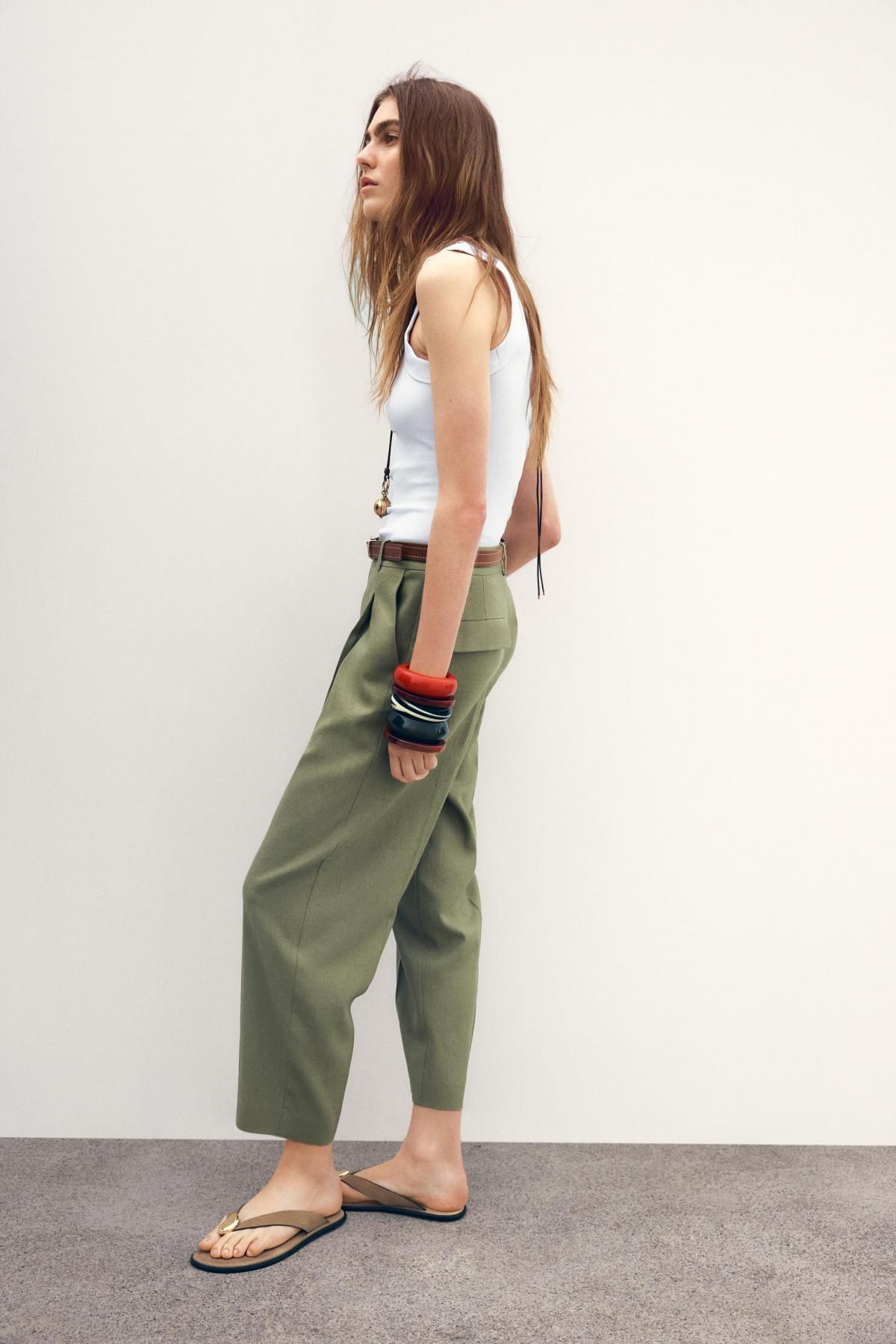 자라 린넨 벨티드 스트레이트 팬츠 2753/128 LIGHT KHAKI - 상세 이미지 3