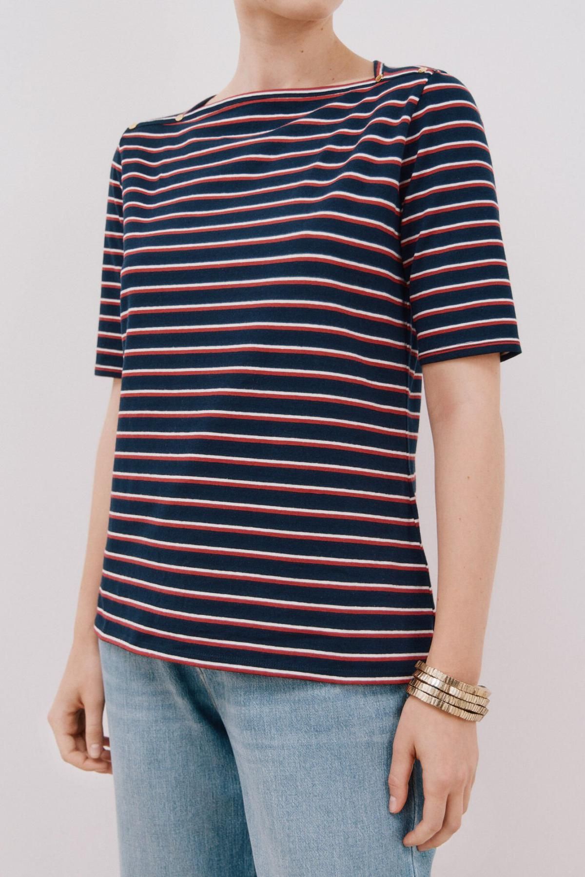 꼬르떼피엘 스트라이프 보트넥 골드버튼 코튼 반팔 티셔츠 9162089 ESTAMPADO AZUL - 상세 이미지 4