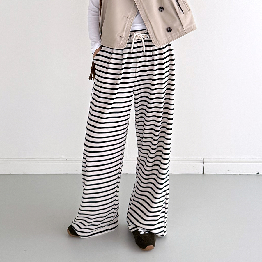 단가라 와이드 밴딩 팬츠 일상 꾸안꾸 데일리 바지 넉넉한 핏 - 상품 이미지