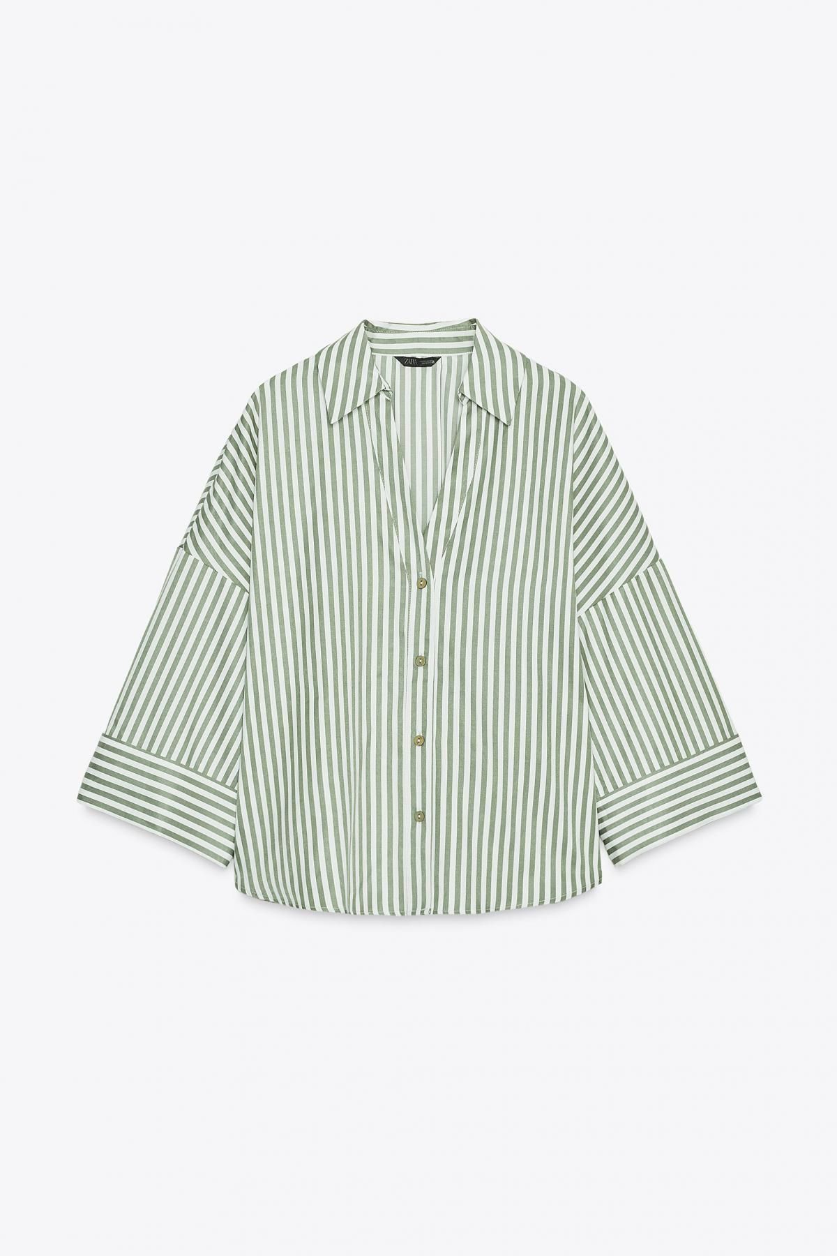 자라 오버핏 스트라이프 브이넥 턴업소매 셔츠 8741/097 GREEN STRIPE - 메인 이미지