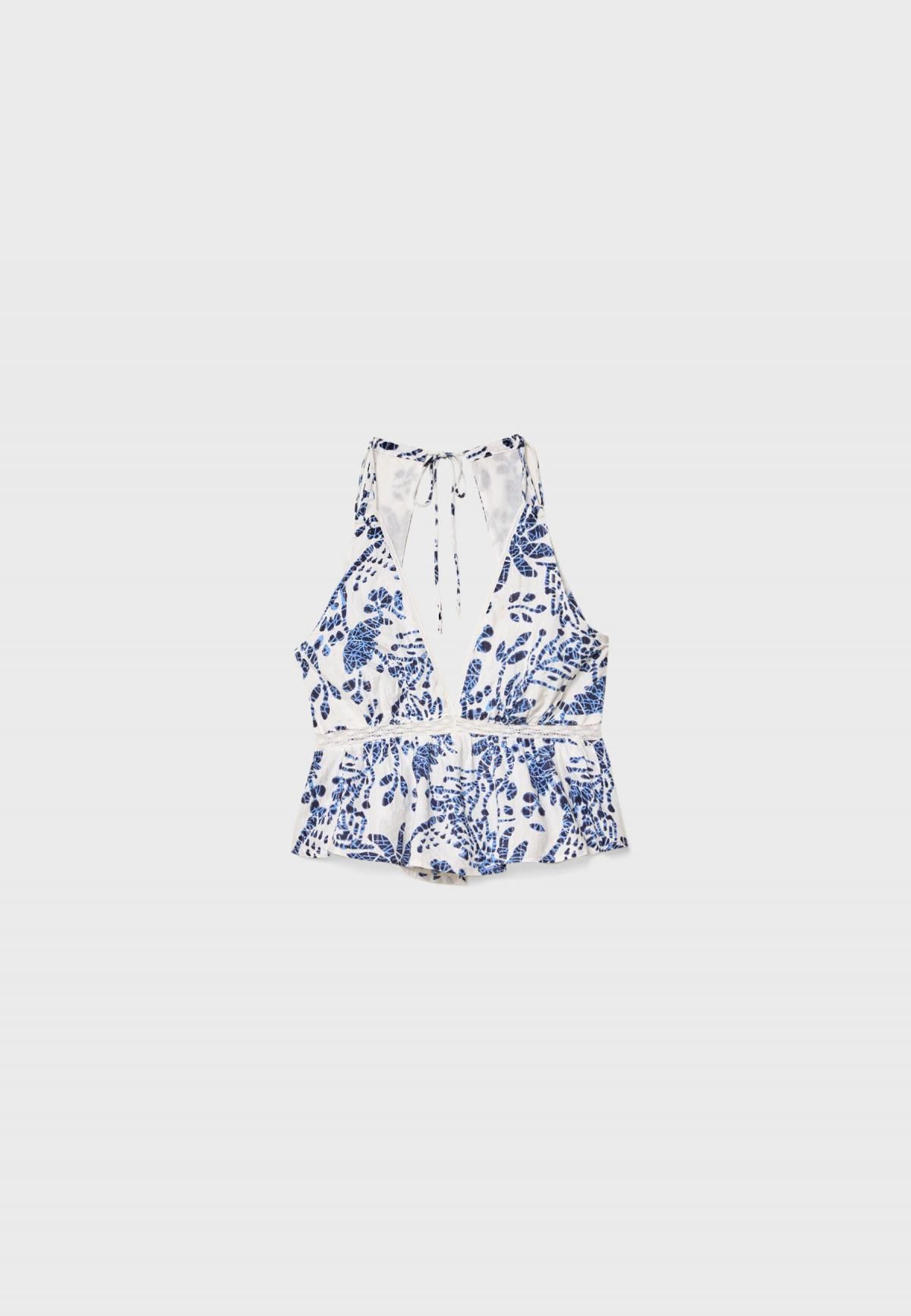 스트라디바리우스 에스닉 플라워 프린트 메탈릭 스트랩 민소매 블라우스 6200/911 ROYAL BLUE - 상품 이미지
