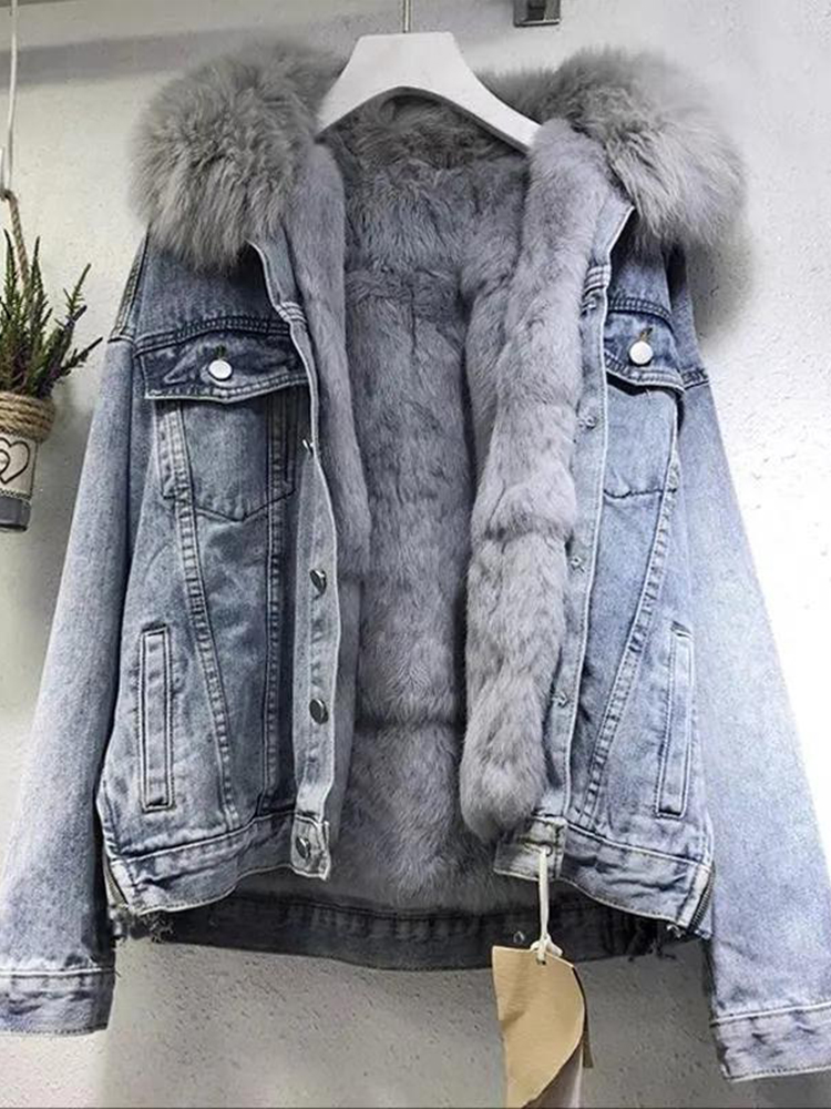 빅사이즈 여성용 겨울 데님 청자켓 털 내피 두꺼운 보온 재킷 블랙 2XL 60~75kg - 상세 이미지 5