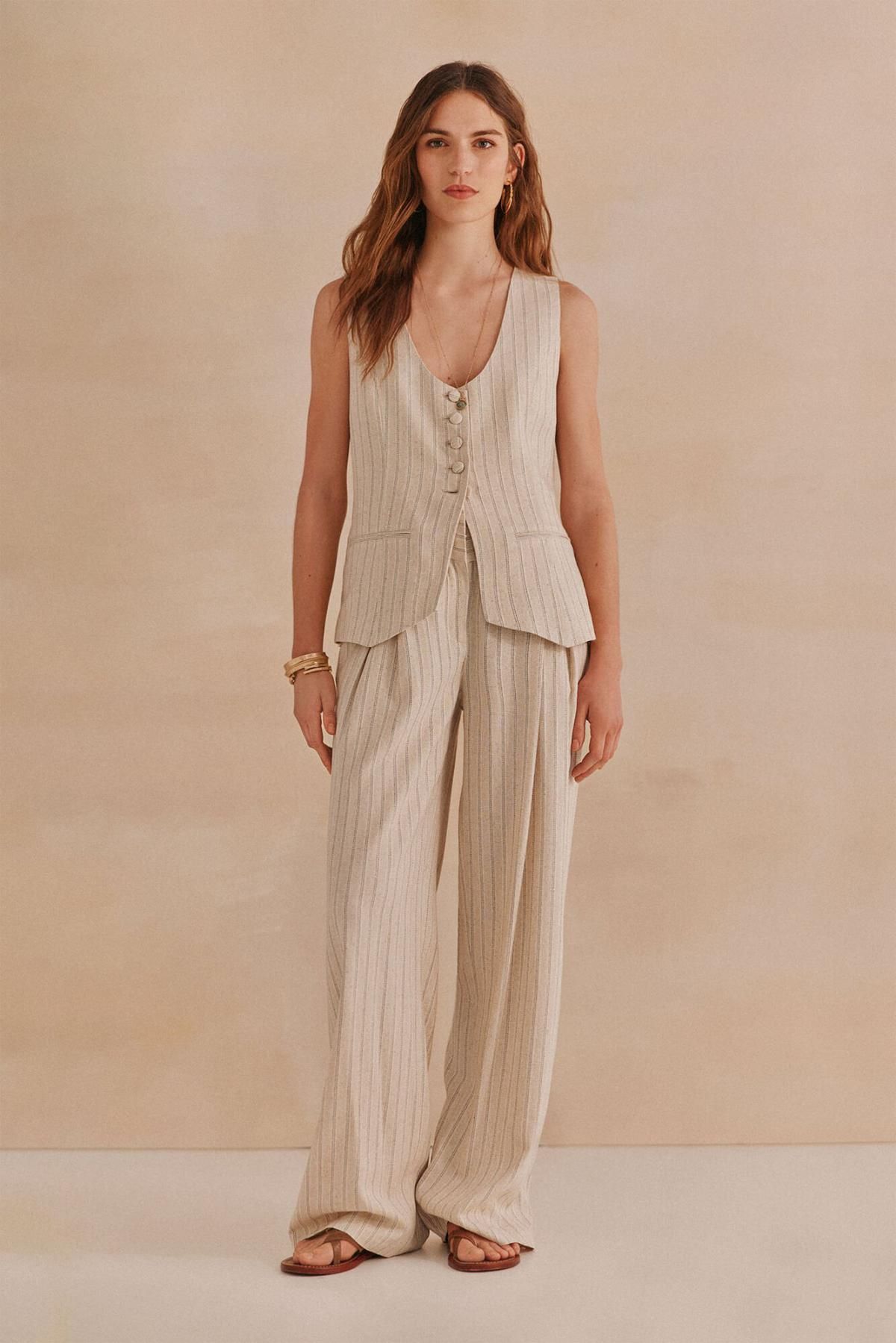 호스 인트로피아 린넨 스트라이프 루렉스 와이드 팬츠 6549013 GRIS - 상세 이미지 5