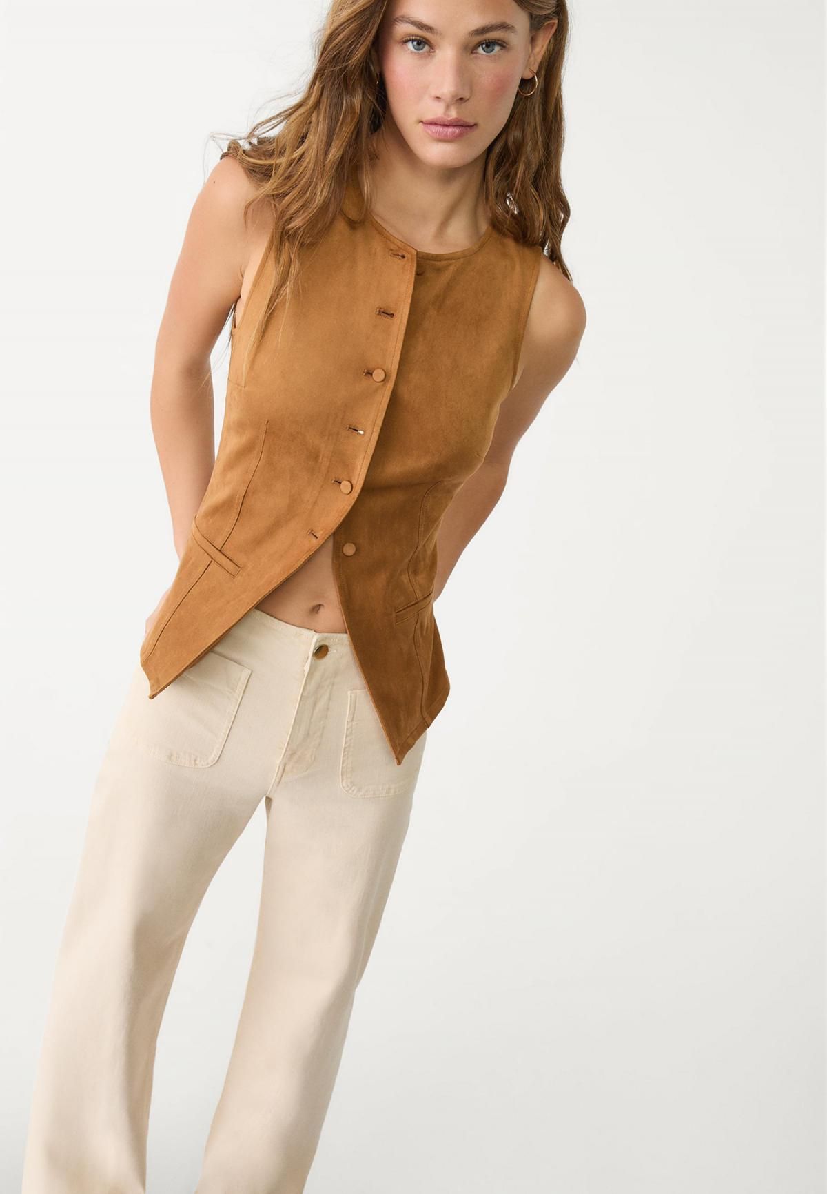 스트라디바리우스 미니멀 하이웨이스트 와이드 팬츠 골드 버튼 포켓 1477/777 STONE - 상세 이미지 2