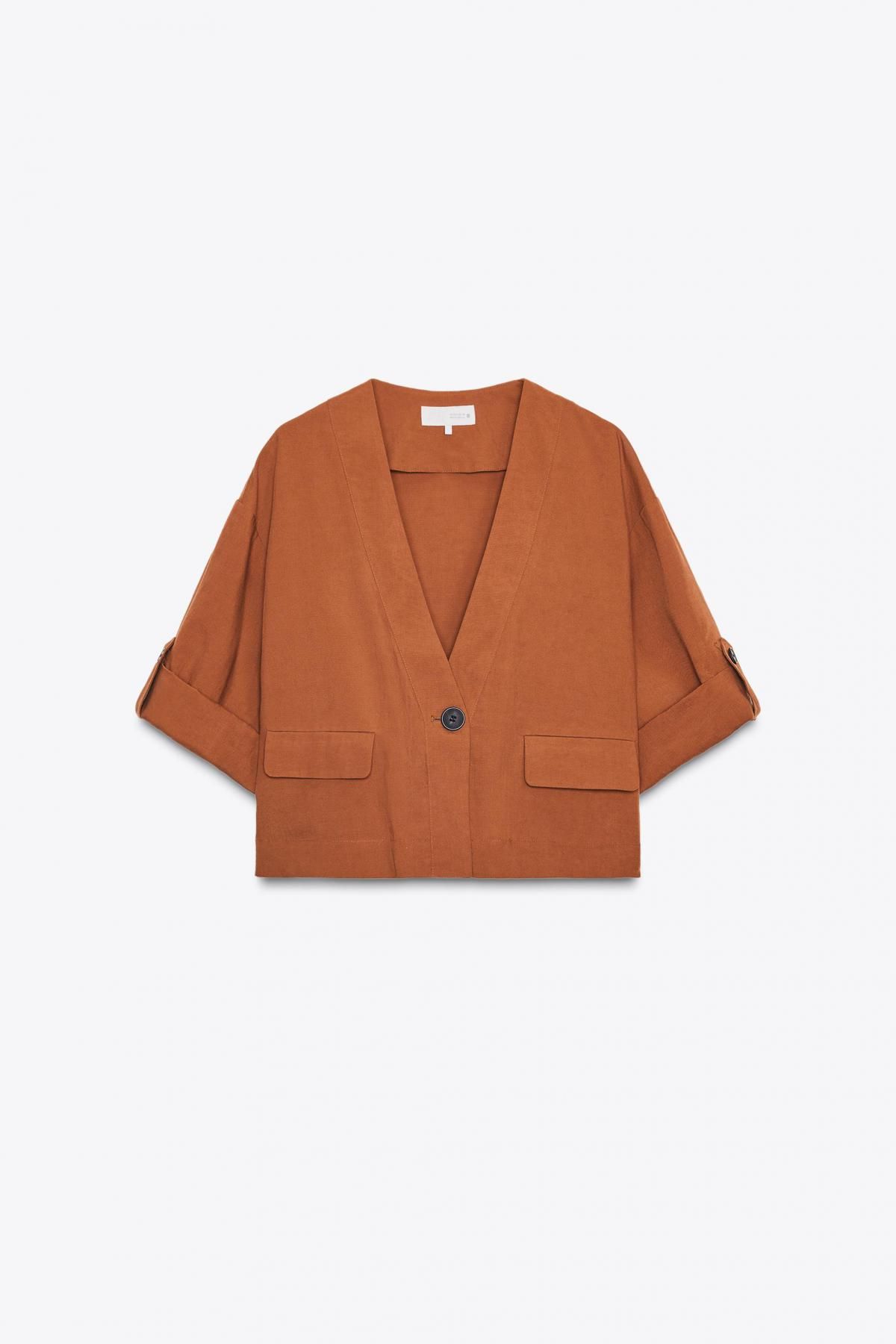 자라 트렌디 브이넥 턴업 슬리브 크롭 재킷 8372/234 TERRACOTTA - 메인 이미지