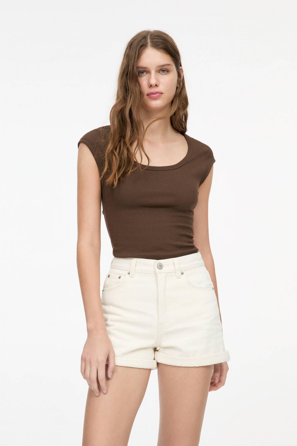 풀앤베어 화이트 데님 턴업 맘핏 숏팬츠 3697/302 ECRU - 상세 이미지 3