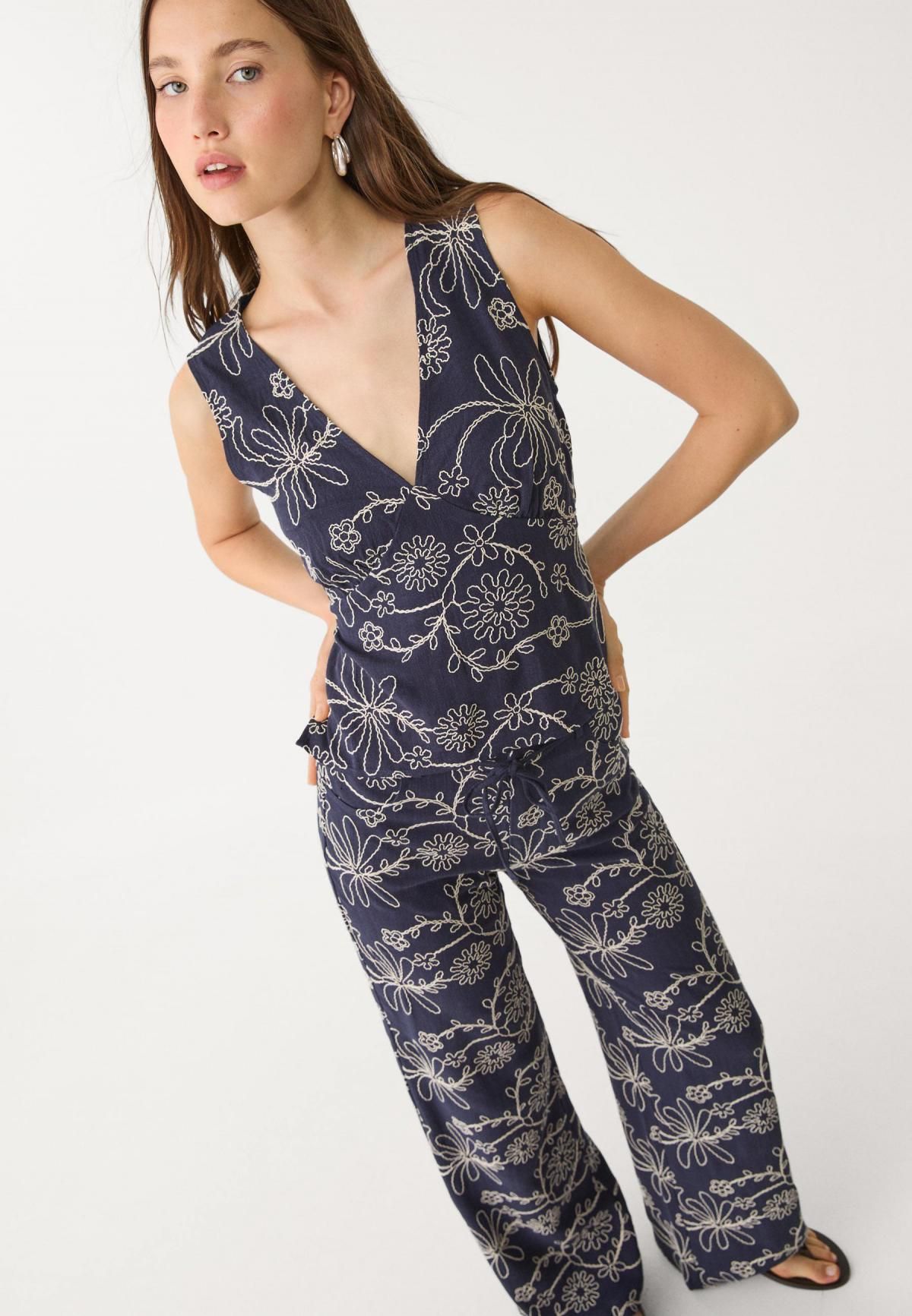 스트라디바리우스 리넨블렌드 자수 스트레이트핏 와이드 팬츠 1204/565 NAVY BLUE - 상세 이미지 5