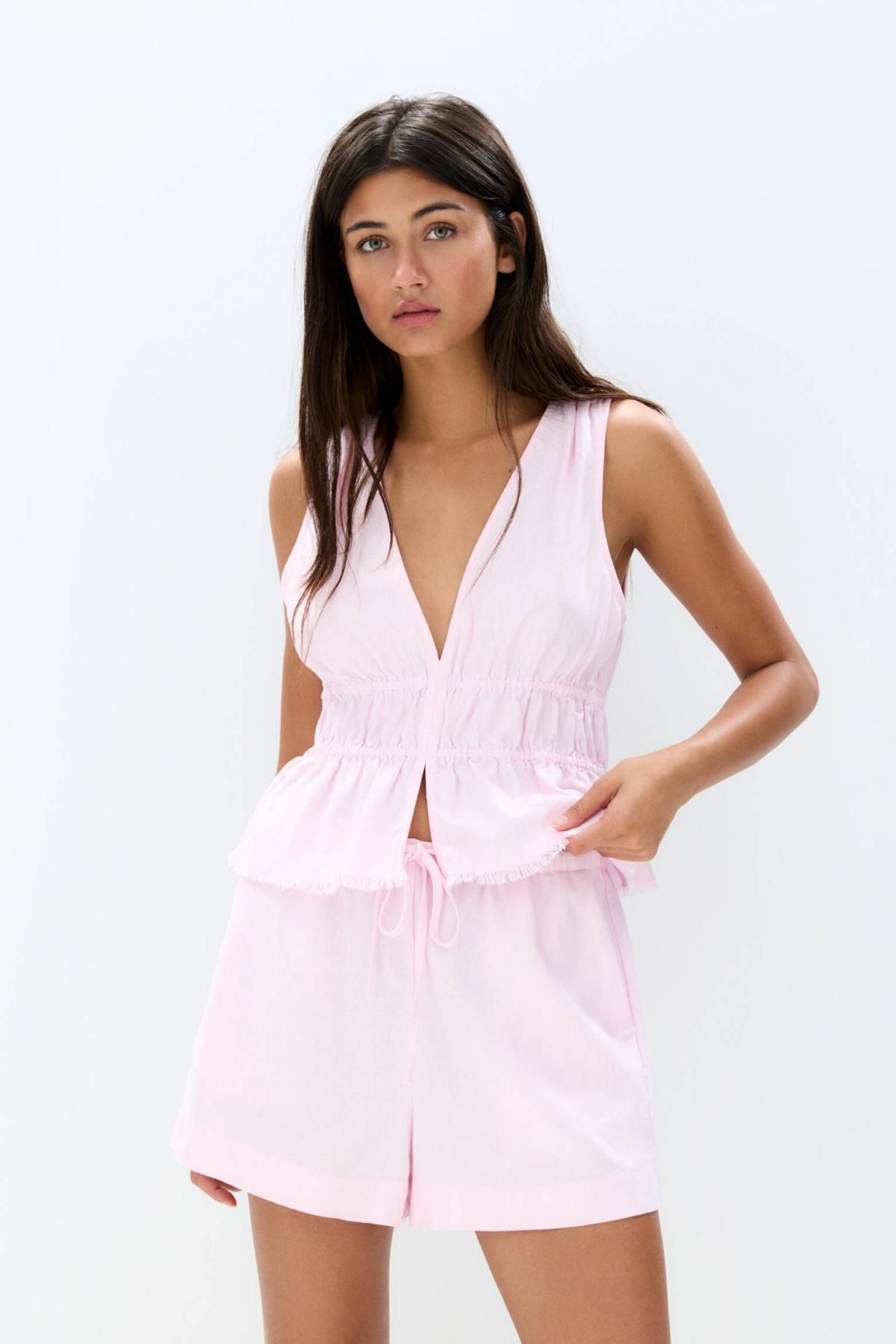 풀앤베어 로맨틱 민소매 브이넥 러스틱 린넨 블렌드 탑 7472/344 ROSE PINK - 상세 이미지 3