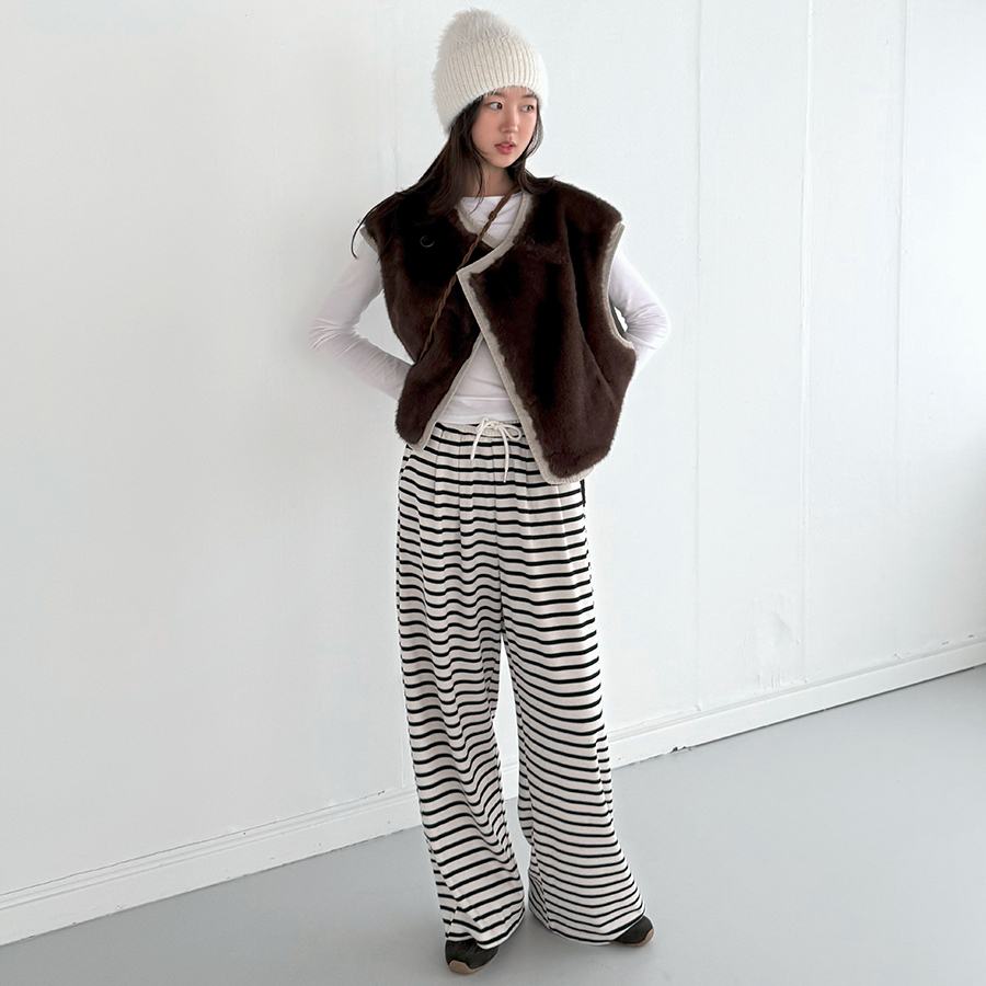 단가라 와이드 밴딩 팬츠 일상 꾸안꾸 데일리 바지 넉넉한 핏 - 상세 이미지 4