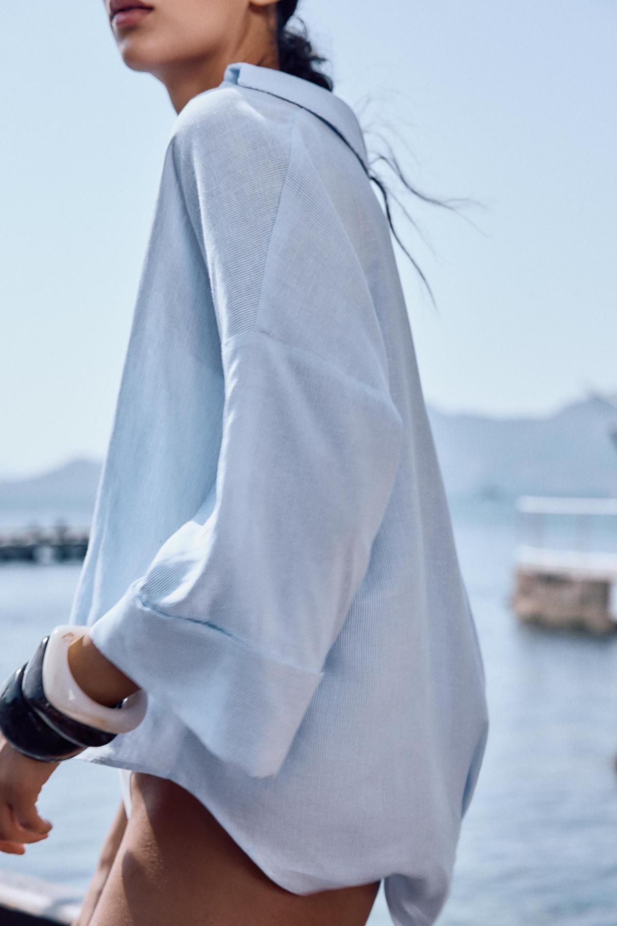 자라 린넨블렌드 와이드슬리브 브이넥 셔츠 3457/734 WHITE / SKY BLUE - 상세 이미지 5