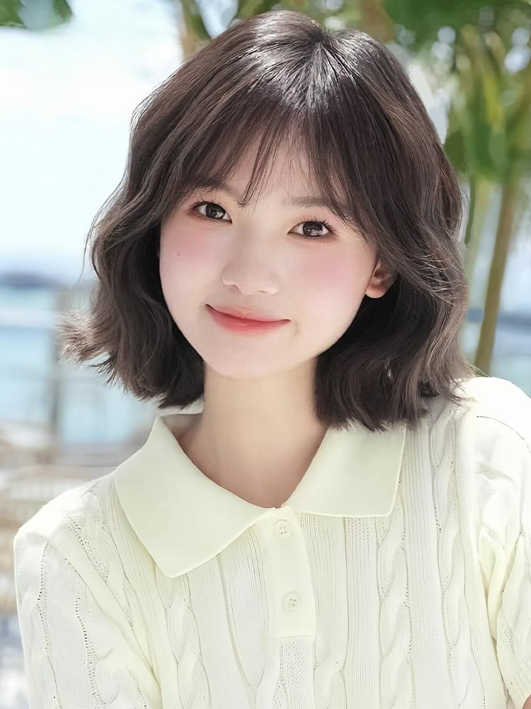여성 인모 진짜머리 단발머리 웨이브 펌 가발 항암가발 상단 중앙 웨이브 내추럴블랙 - 상세 이미지 2