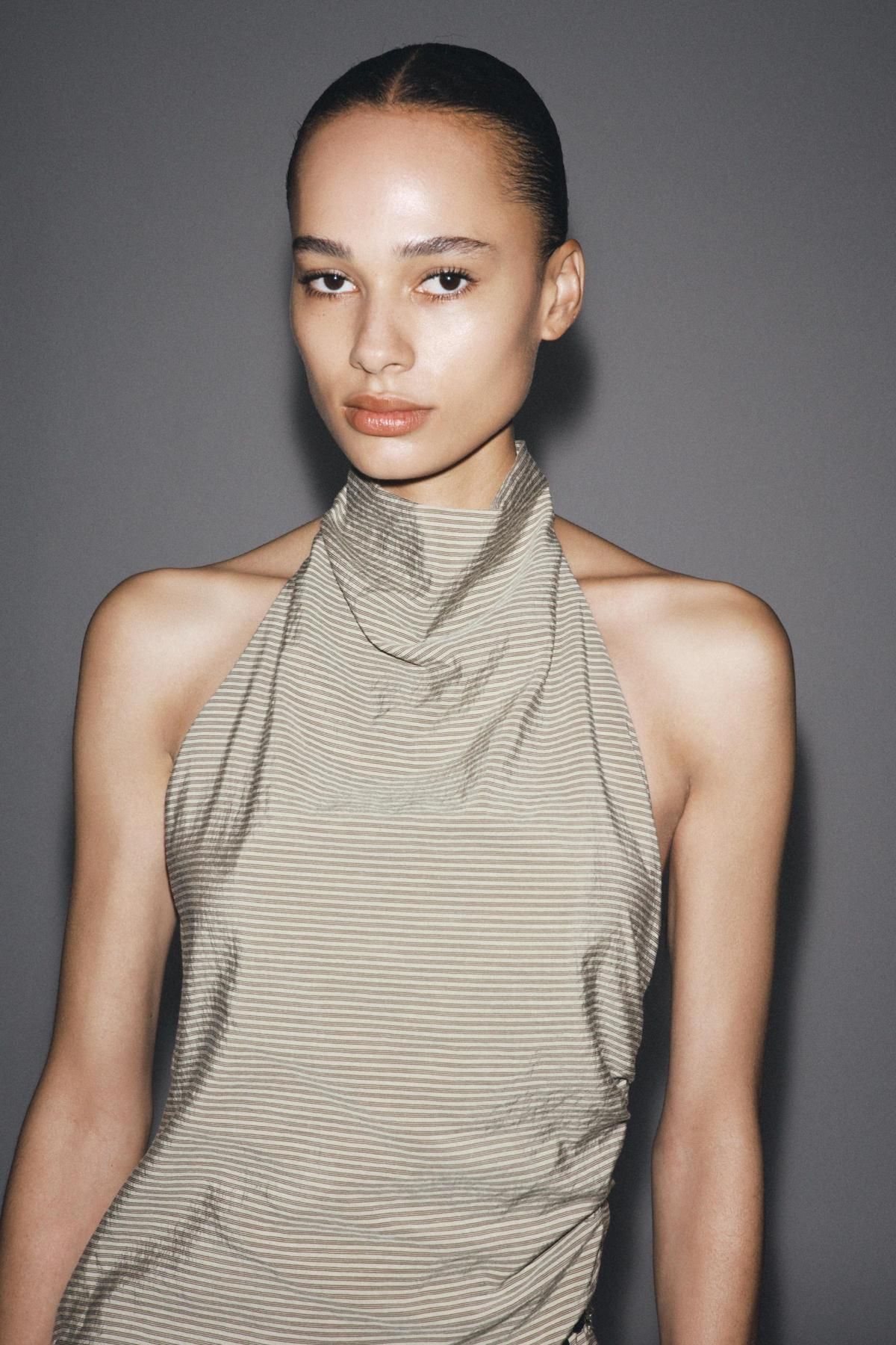 자라 메탈 벨트 스트라이프 홀터넥 미니 원피스 8066/246 BEIGE-BROWN - 상세 이미지 3