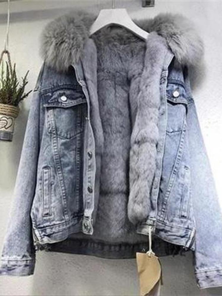 빅사이즈 여성용 겨울 데님 청자켓 털 내피 두꺼운 보온 재킷 블랙 2XL 60~75kg - 상세 이미지 4