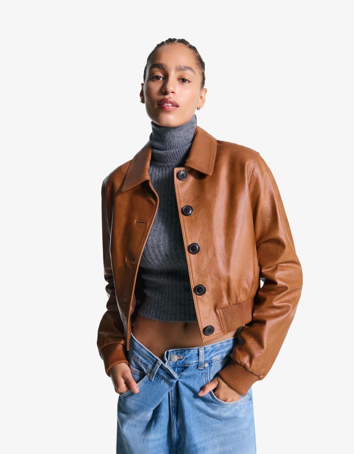 버쉬카 크롭 테크니컬 레더 브라운 재킷 1478/100 BROWN - 상세 이미지 2
