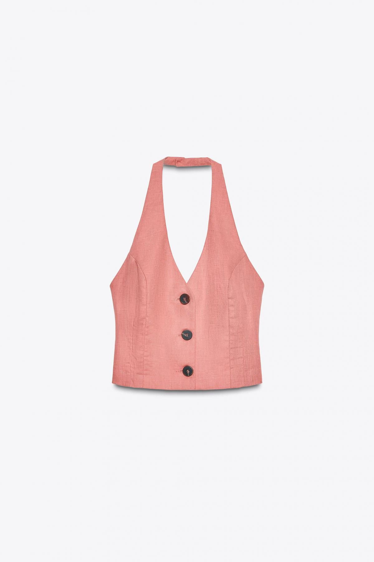 자라 린넨블렌드 버튼 크롭 홀터넥 탑 8118/350 MARSALA - 메인 이미지