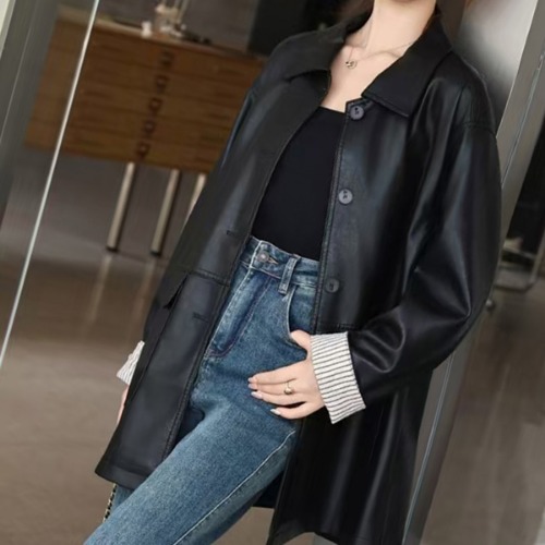 (YY) 시크한 여성 블랙 자켓 루즈핏 카라넥 레더 재킷 모던한 캐주얼 심플 데일리룩 아우터 - 상품 이미지
