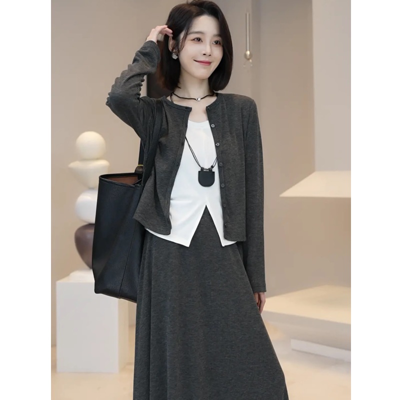 라운드넥가디건 밴딩A라인롱스커트 코디세트 나시포함 세련 등원 캐주얼 봄가을 다크그레이 - 상세 이미지 4