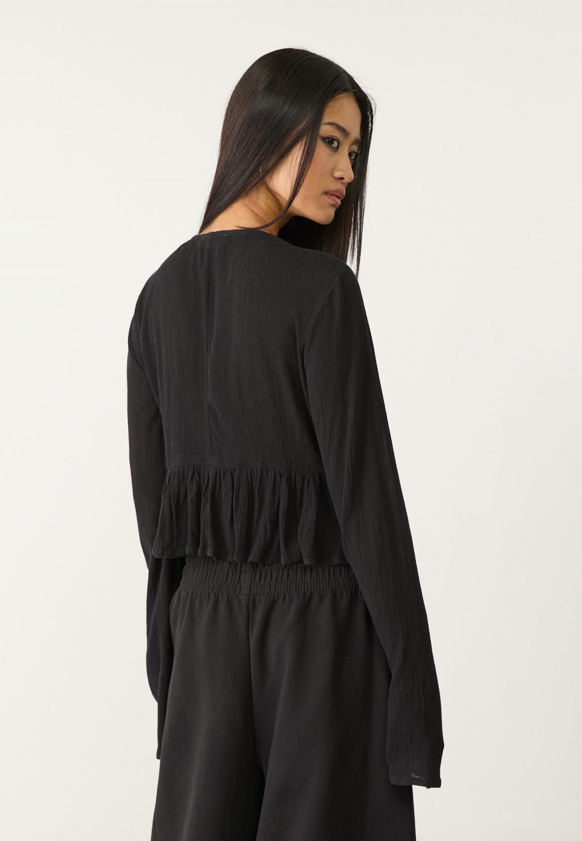 스트라디바리우스 러플 브이넥 타이 셔츠 블라우스 7145/550 BLACK - 상세 이미지 5