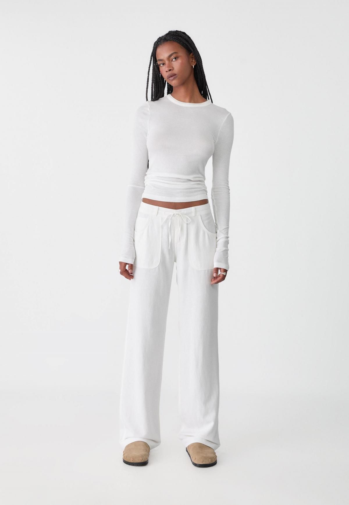 스트라디바리우스 린넨 블렌드 와이드 스트레이트 팬츠 포켓 디테일 7257/450 WHITE - 상세 이미지 5