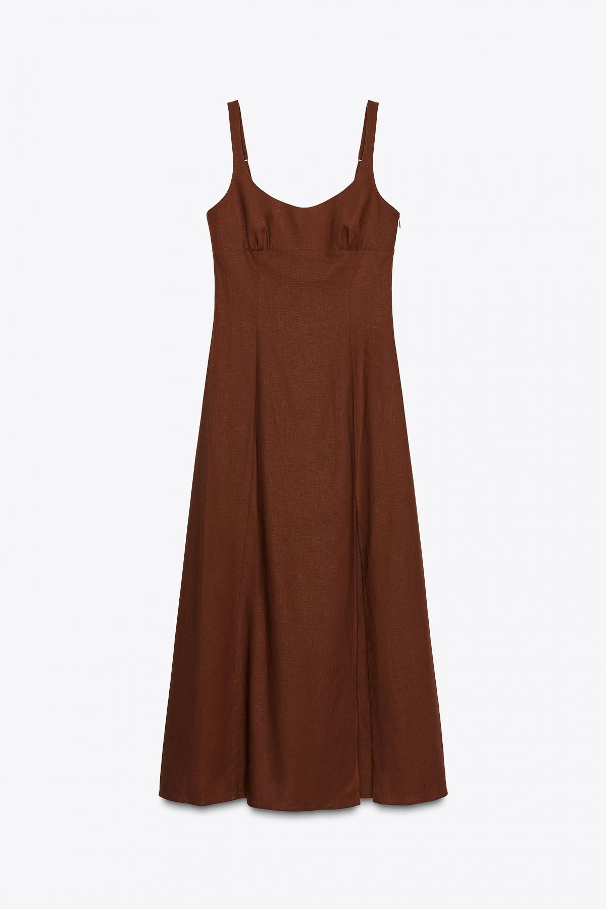 자라 린넨블렌드 슬림핏 브라운 미디 원피스 8095/723 TERRACOTTA - 메인 이미지