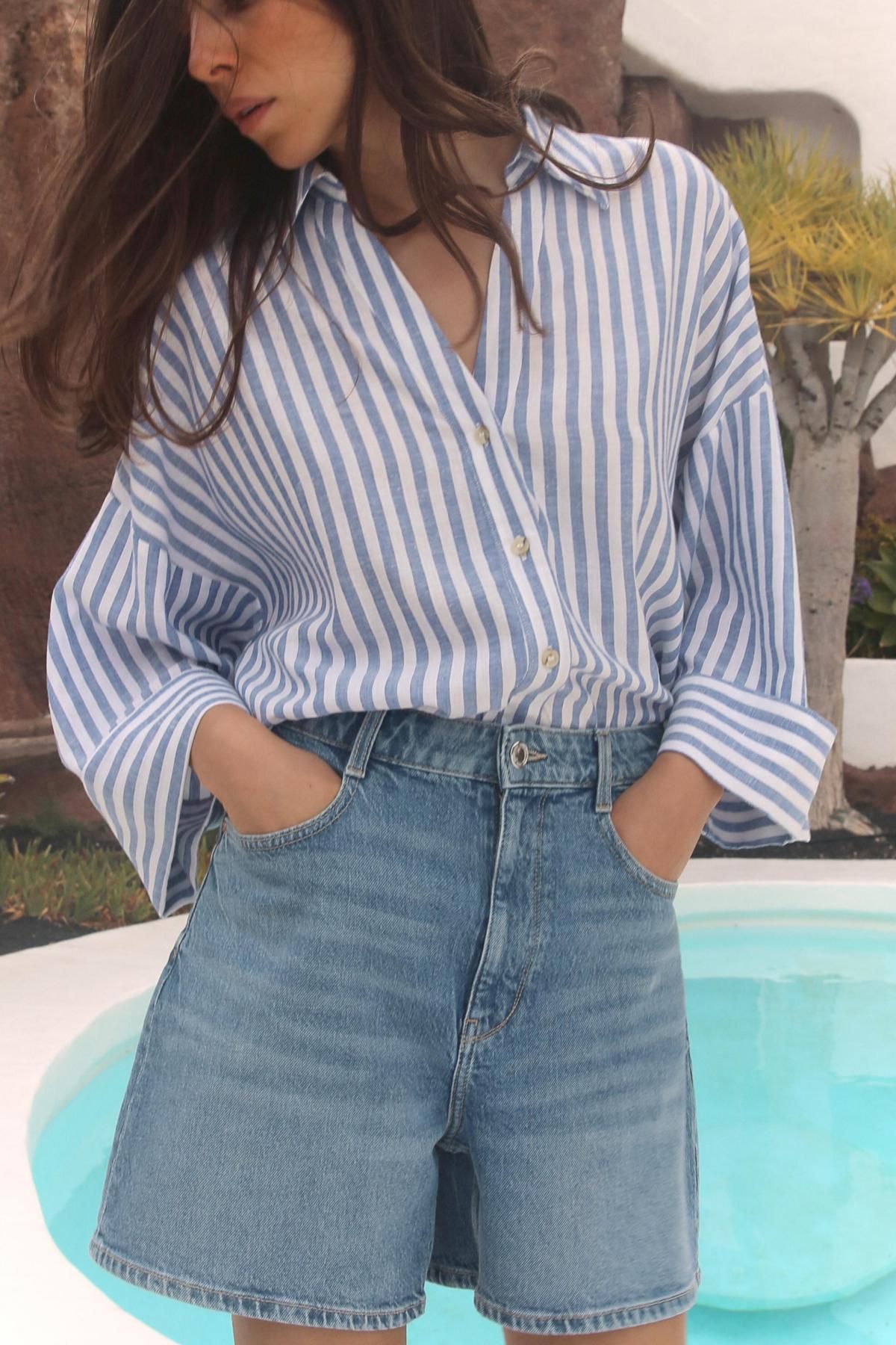 자라 스트라이프 린넨 블렌드 와이드 소매 셔츠 3457/734 BLUE/WHITE - 상세 이미지 2
