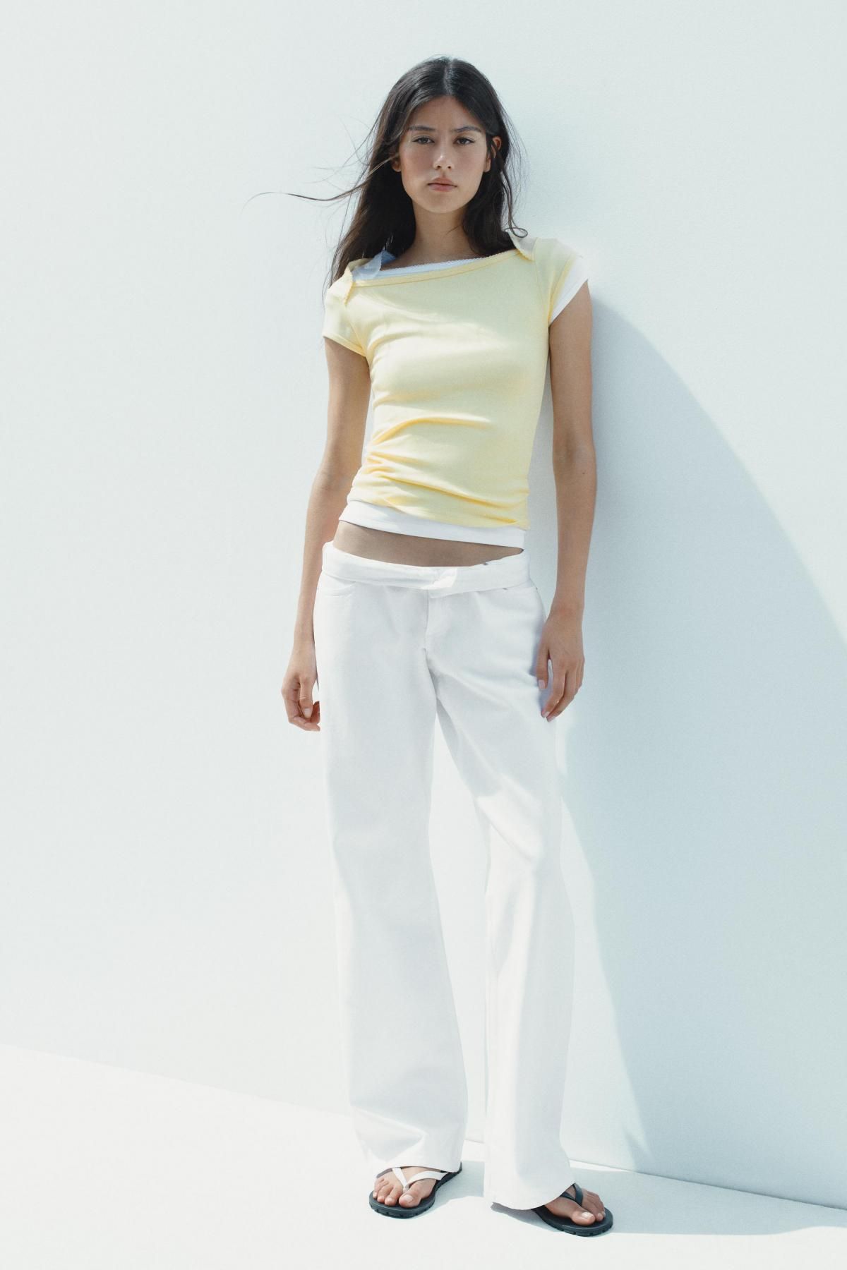 자라 스퀘어넥 코튼모달 슬림핏 숏슬리브 티셔츠 3641/802 YELLOW - 상세 이미지 2