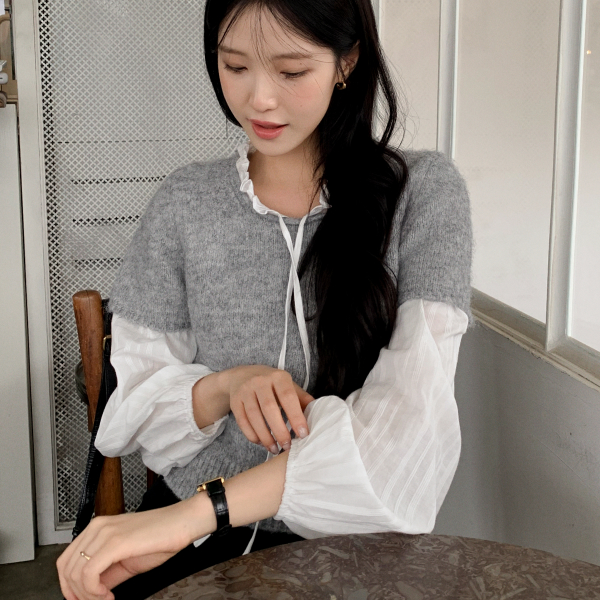 넥 프릴 스트랩 핀턱 셔링 퍼프 긴팔 블라우스 bs8470 - 상품 이미지