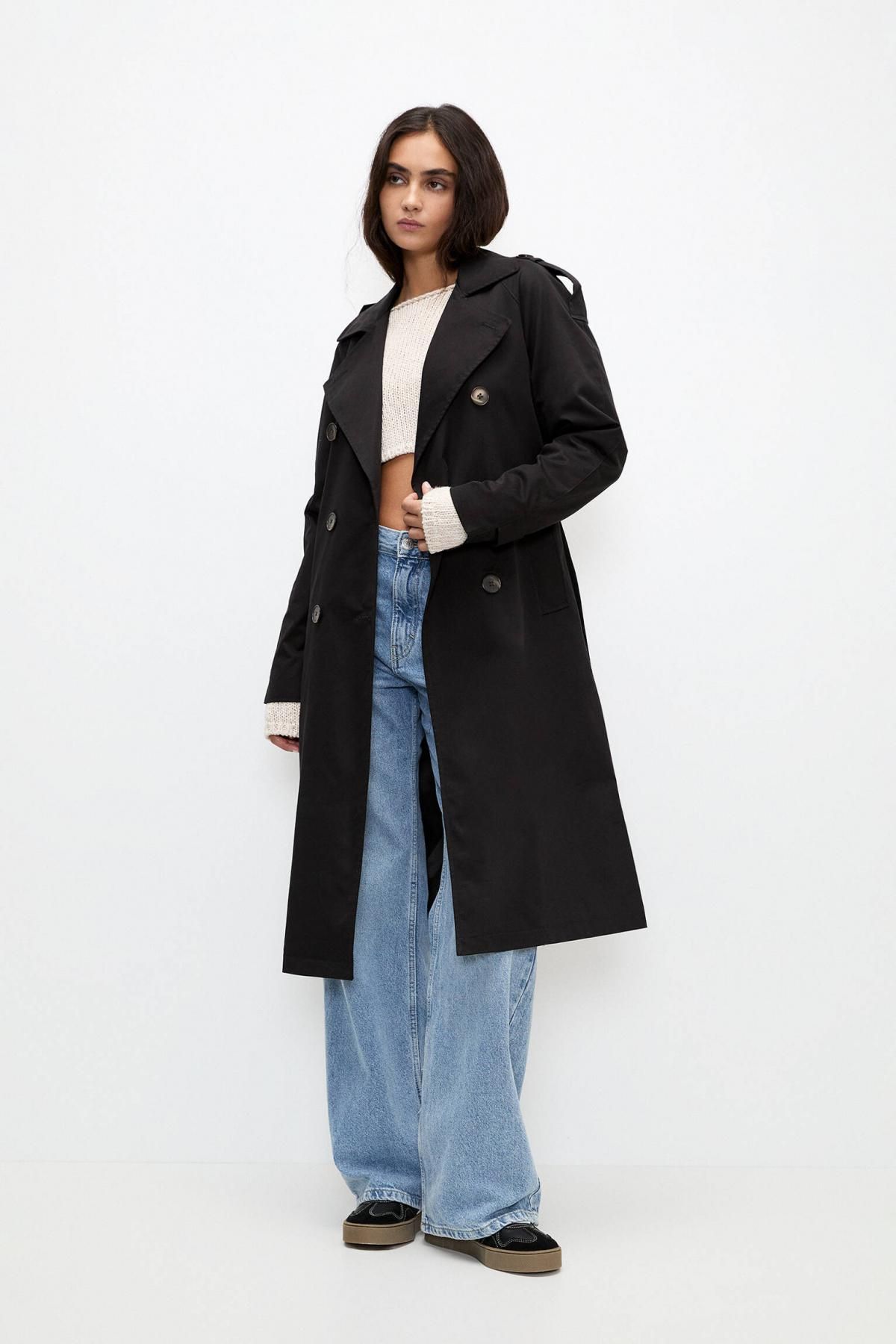 풀앤베어 블랙 클래식 더블버튼 벨티드 트렌치코트 4752/323 BLACK - 상세 이미지 2