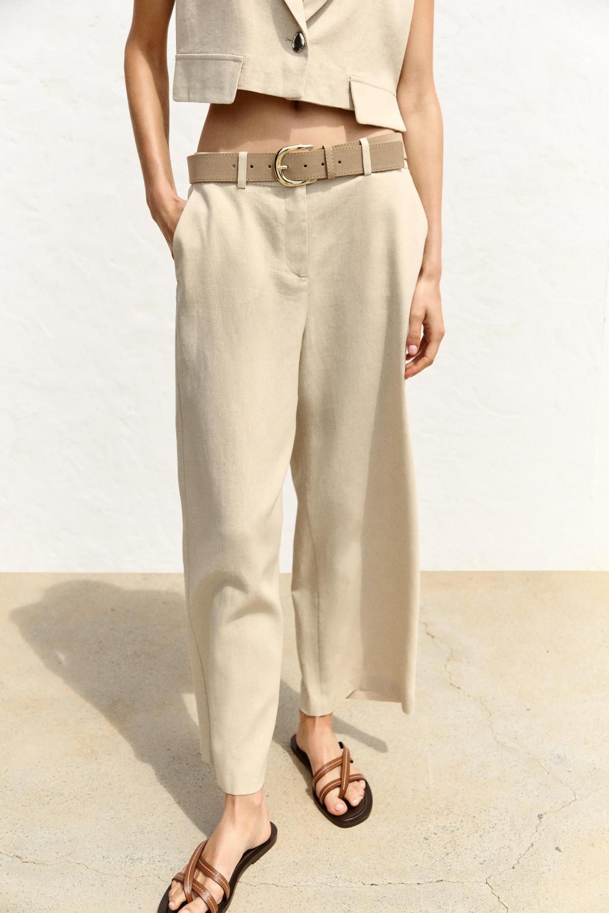자라 린넨블렌드 하이웨이스트 와이드 벨트 크롭 팬츠 3584/998 LIGHT BEIGE - 메인 이미지