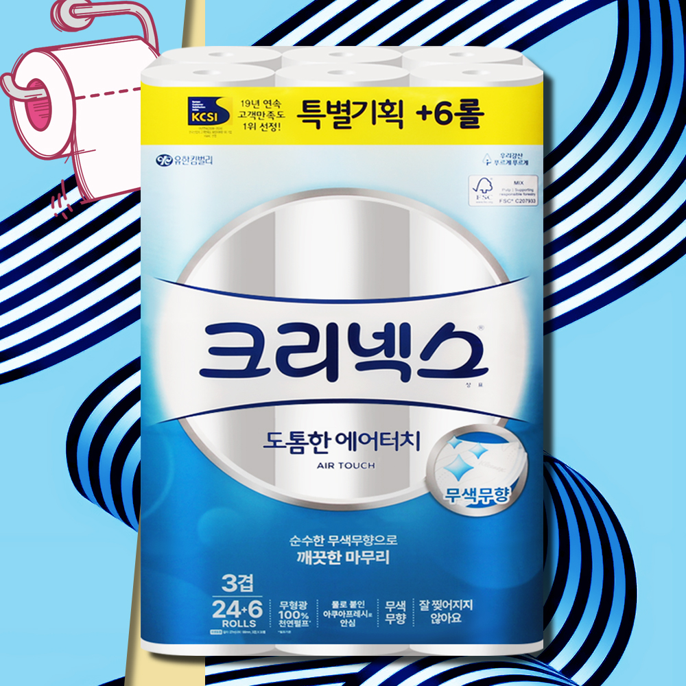 크리넥스 도톰한 에어터치 화장지 특별기획 3겹 27m 30롤 1팩 물에잘녹는 두루마리휴지 - 상품 이미지