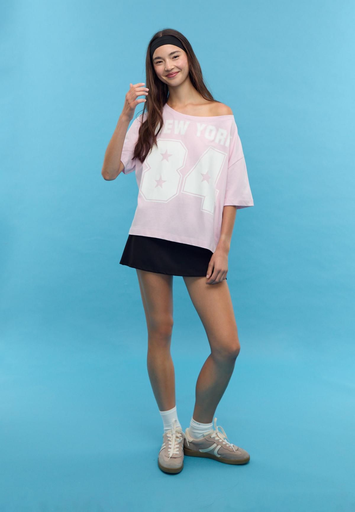 스트라디바리우스 오버핏 프린트 보트넥 반팔 티셔츠 8704/627 PASTEL PINK - 상세 이미지 4